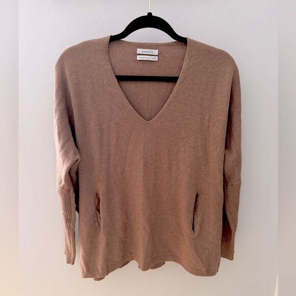 Babaton Oversized Linen Wool Blend Split Hem V Neck Sweater w Pockets Sz S/M - Picture 1 of 8